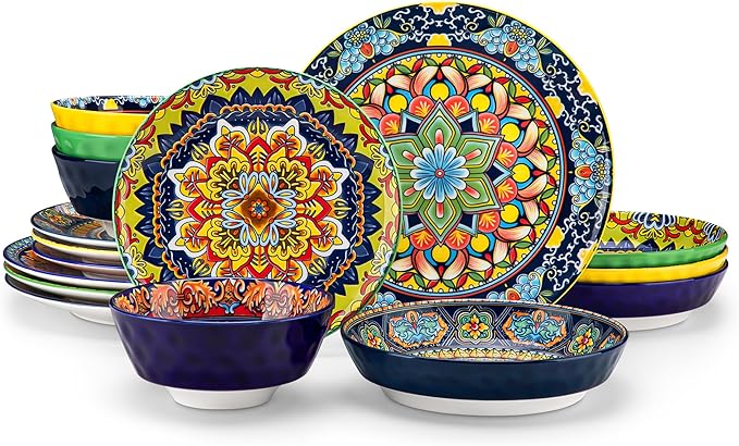 vancasso 16 Pieces Plates and Bowls Set, Bohemian Style Dinnerware Sets Service for 4, Porcelain Boho Dishes Set for Kitchen, Housewaring Gift, Dishwasher and Microwave Safe, Series KRVI
