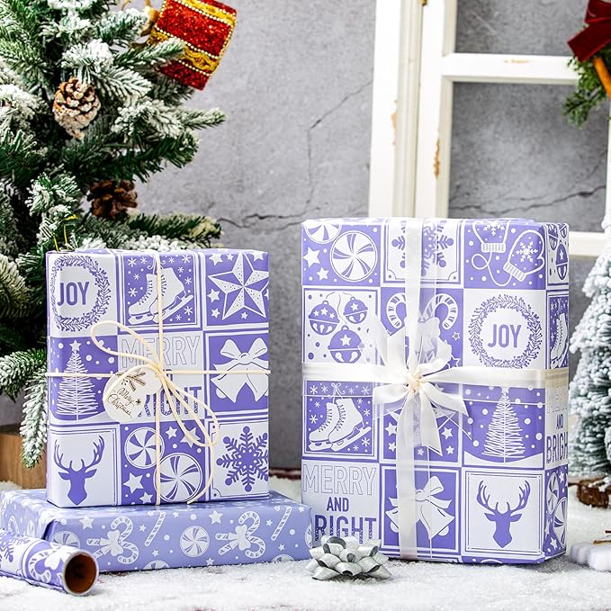 MAYPLUSS Christmas Wrapping Paper Roll, Light Purple Wrapping Paper, Girly Bell, Tree, Candy Canes Christmas Themed Wrapping Paper for Girl Holiday Gift Packaging (17 Inch X 16.5 Feet)
