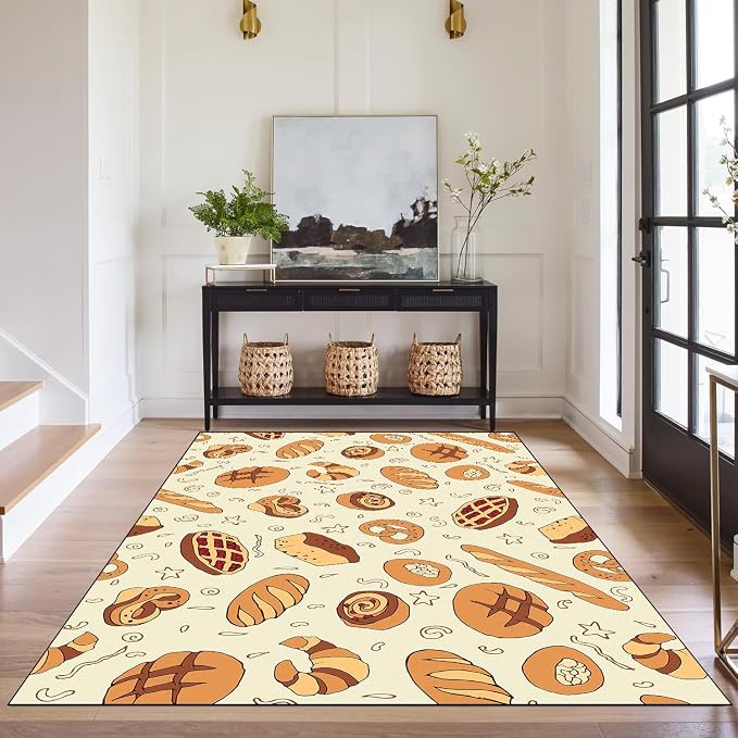 Cute Bread Area Rug 3D Cattoon Carpt Waffle Croissant and Muffin Rugs for Entryway Bedroom Living Room Kitchen Home Decor Washable Non Slip Floor Mat,3'x5'