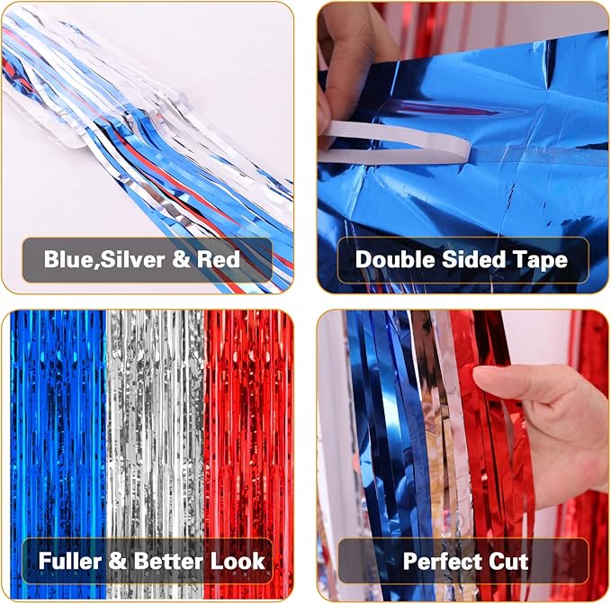 2 Pack 3.2 x 8.2 ft Red White and Blue Foil Fringe Backdrop Curtain, Streamer Backdrop Tinsel Curtains Photo Booth Props for Graduation Birthday Memo