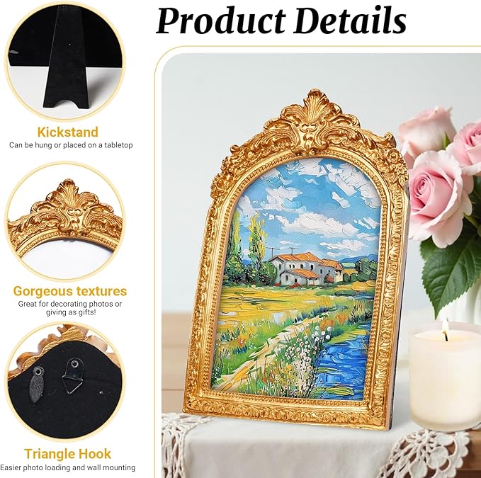 Vintage 4x6 Picture Frame, Gold Arch Resin Picture Frames Retro Handmade, Ornate Photo Frames with Glass Front for Wall Hanging or Tabletop Display, Antique Arched Photo Frame for Home Decor