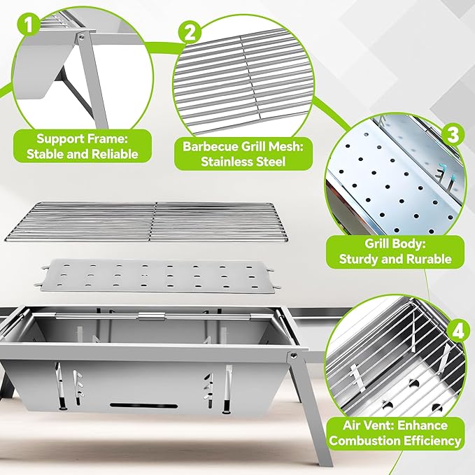 Foldable Small Charcoal Grill, Portable Stainless Steel Charcoal Grill, Tabletop Yakitori Grill for Outdoor Cooking, Travel Camping, BBQ, Tailgating, Picnics, High-Temp Resistant for 2-3 People