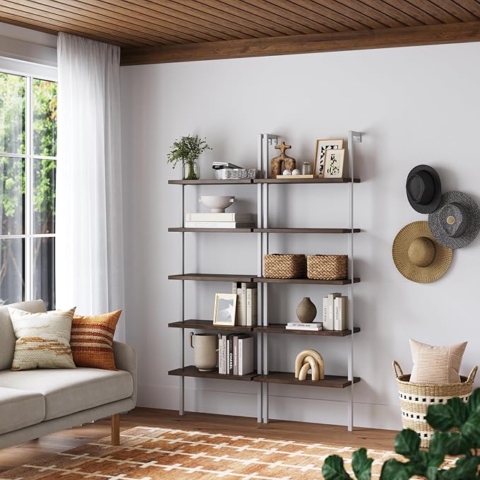 Nathan James Theo 5-Shelf Wood Modern Bookcase, Open Wall Mount Ladder Bookshelf with Industrial Metal Frame, Natural Light Brown/White, Set of 2