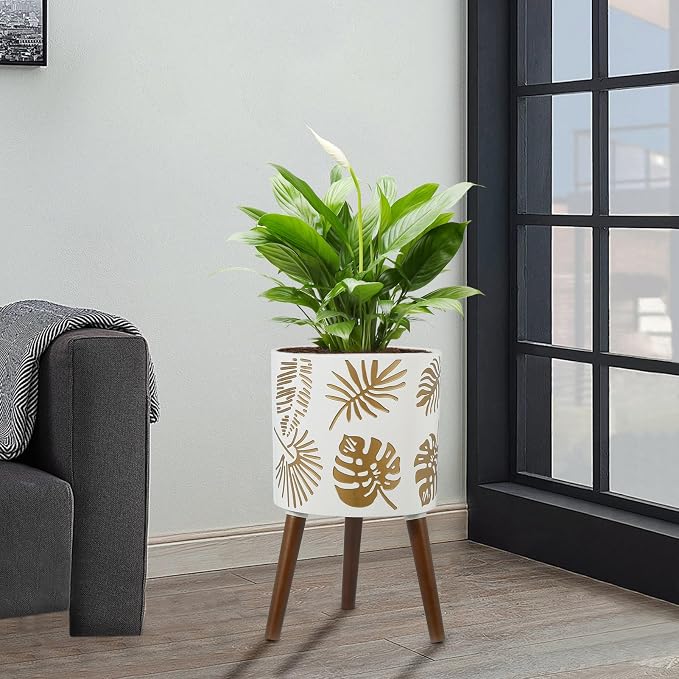 12 Inch Planter, Plant with Stand, Large Planters for Indoor Plants,Flower Pot with Drainage Holes for Outdoor,White and Gold