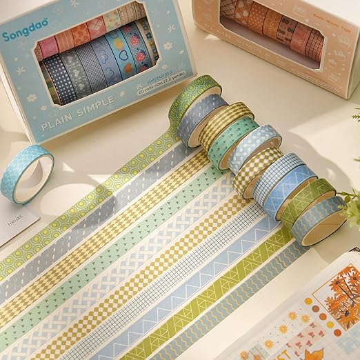 Songdao 20 Rolls Basic Washi Tape Set Japanese Arts Adhesive Tapes Simple Patterns Decorative Masking Tape Sets for Craft, Kids, Scrapbook, DIY, Gift Wrapping (Style Four)