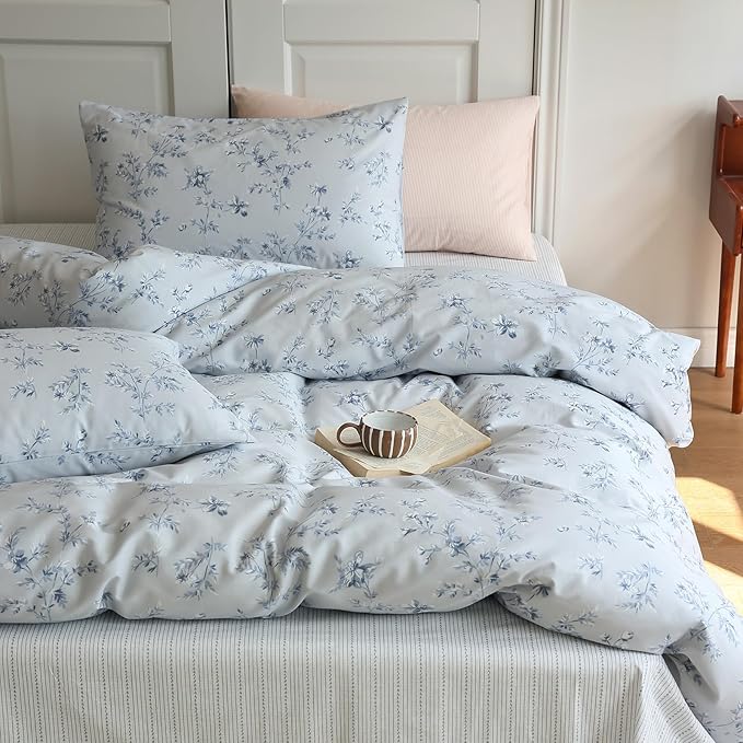 LifeTB Vintage Blue Floral Duvet Cover Queen 100% Cotton Retro Flower Bedding Comforter Cover Boho Garden Floral Bedding Set Farmhouse Cottagecore Duvet Cover with Zipper Closure 4 Ties