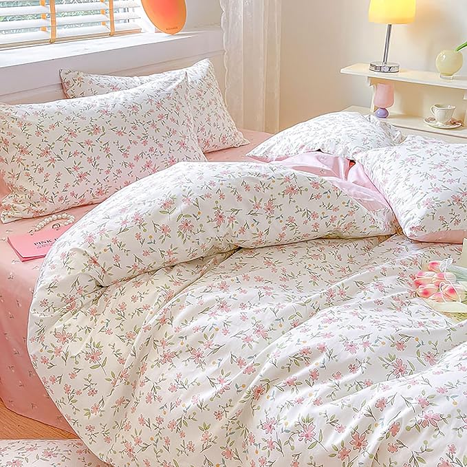 EAVD Vintage Style Garden Pink Floral Duvet Cover King White Soft 100% Cotton Cute Floral Bedding Set with 2 Pillowcases Chic Shabby Floral Botanical Duvet Cover with Zipper Closure