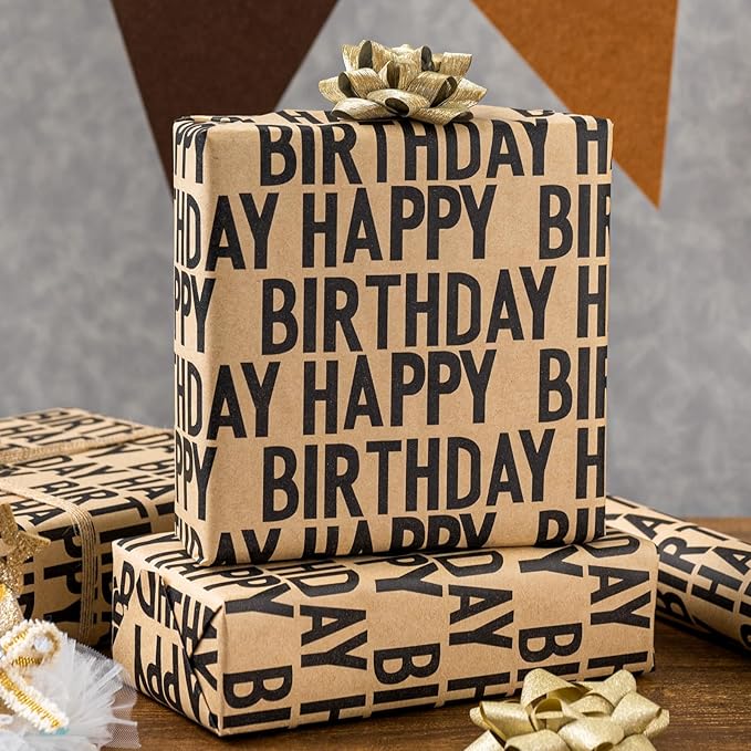 MAYPLUSS Birthday Wrapping Paper Rroll, Happy Birthday Kraft Gift Wrap for Boys Girls Men Women 17 IN x 33 FT