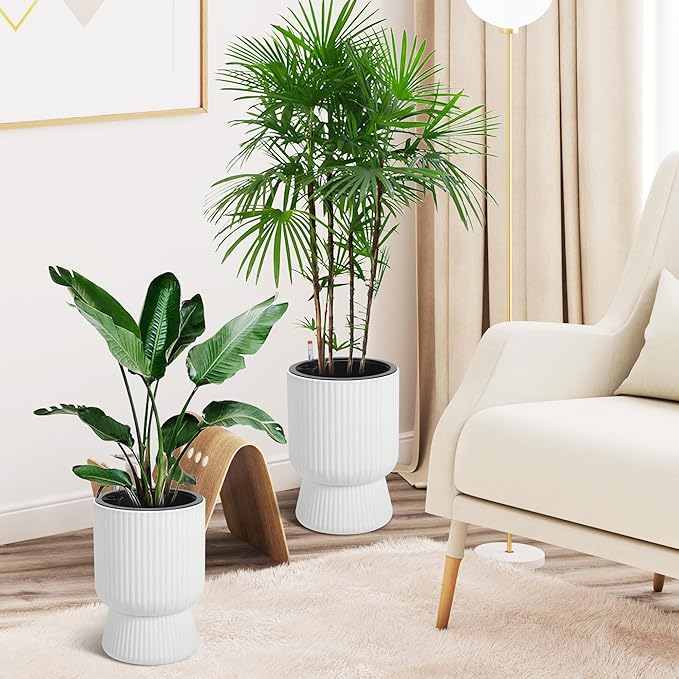 14.2" Tall Planters Set of 2, Plant Pots, Self Watering Pots for Indoor Plants, Flower Pots with Built-in Drainage and a Water Level Monitor, for Patio, Porch, Living Room, or Office, White