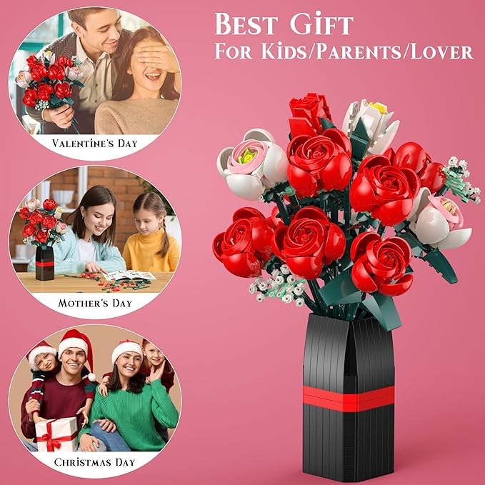Roses Building Set with Vase, Flower Bouquet Building Kit for Home Office Decor - Flower Botanical Collection Toys Gift for Kids Girls and Adults Women on Valentine’s Day, Mother's Day - 841PCS