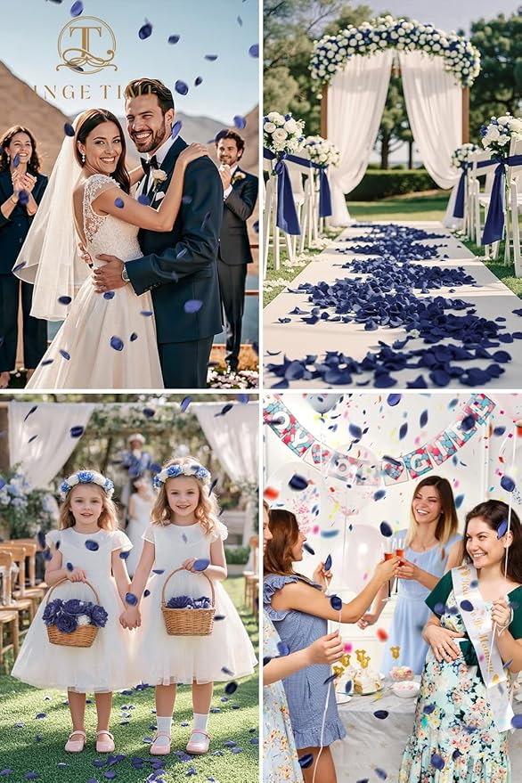 TINGE TIME 200pcs Rose Petals and Fake Roses Artificial Flowers for Wedding Decor, Bridal Shower, Party Decoration - Silk Flower Petals Bulk Pack (Navy Blue)