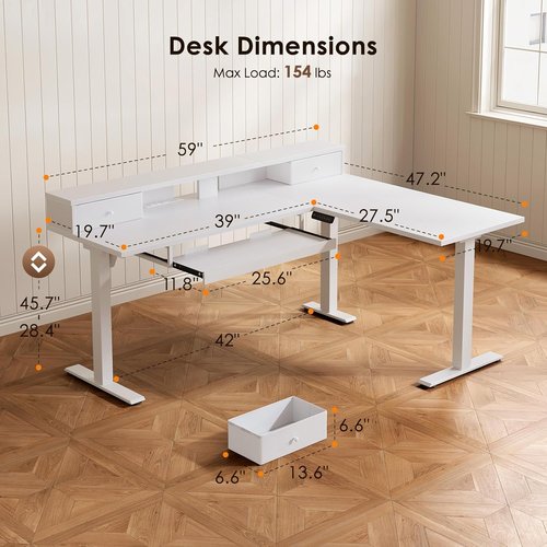 OffiGo L-Shaped Electric Standing Desk - Height Adjustable with Drawers & Monitor Stand | 59 Inch White