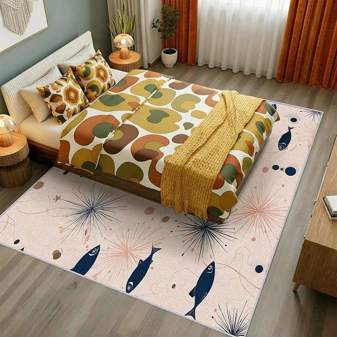 Mid Century Modern Rug 6x9 Starburst Atomic Fish Retro Pattern Area Rugs for Living Room, Bedroom, Mid Century Modern Home Decor Accessories Indoor Carpet, Non Slip & Machine Washable