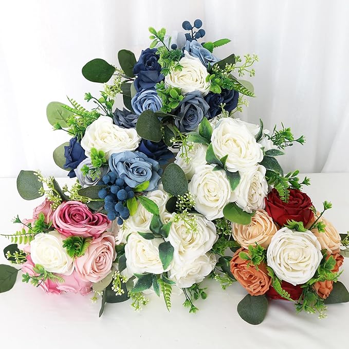 White Bridesmaid Bouquets for Wedding - 7 Inch Ivory Artificial Flowers Bouquets for Ceremony Anniversary Centerpieces Decorations