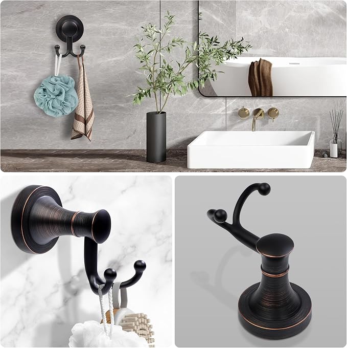 Oil Rubbed Bronze Bathroom Towel Hook, Bronze Bathroom Robe Hook, Heavy Duty Double Towel Hooks Bath Farmhouse Coat Clothes Hook Wall Mounted Rustic for Kitchen Washroom