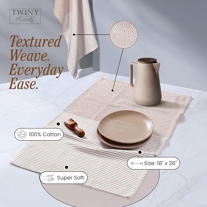 TWINY threads Kitchen Dish Towel Diamond Weave, Large Premium 100% Cotton Kitchen Linen Set, Absorbent Dish Rags for Drying Dishes, Quick Drying Washable Reusable, 4 Pack, 18x26 Inch, Beige