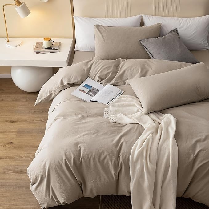 JIYUAN 100% Washed Cotton Duvet Cover Set 3 PCS Oversized Queen,1 Duvet Cover 98"x98"(Comforter Not Included) and 2 Pillowcases, Linen Like Comfy and Breathable, Heathered Tannish Linen Grey