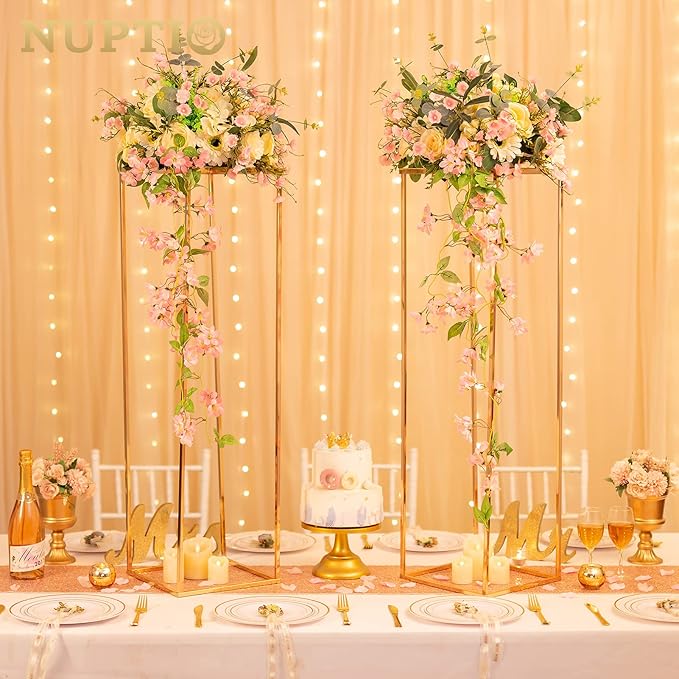 NUPTIO Gold Vases for Centerpieces Wedding - 2 Pcs 39.4 inch Tall Metal Flower Vase Flowers Stand for Party Tables Decorations - Elegant Bulk Weddings Decoration Table Geometric Centerpiece Stand