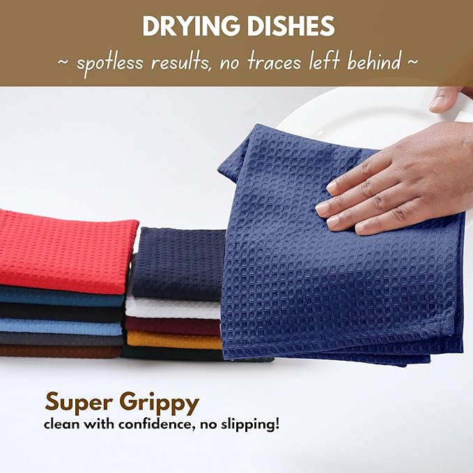 Native Fab Waffle Dishcloths 12 Pack - 100% Cotton, Ultra Absorbent Dish Cloths for Kitchen Cleaning, Drying, and Cooking - Soft and Durable Towels for Everyday Use, 12x12 inch - Ink Blue