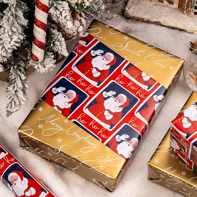 MAYPLUSS Vintage Christmas Santa Wrapping Paper Roll - 17 Inch X 33 Feet - Reversible Red Festive Season's Greetings Santa Holiday Christmas Gift Wrap Thick Paper for Holiday, Birthday, New Year