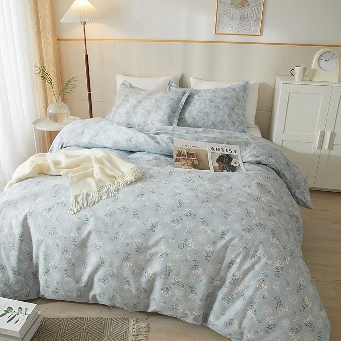 EAVD Boho Floral Duvet Cover King Soft Cotton Floral Blue Duvet Cover with 2 Pillowcases Chic Shabby Garden Flower Bedding Set Reversible Garden Floral Comforter Cover with Zipper Closure