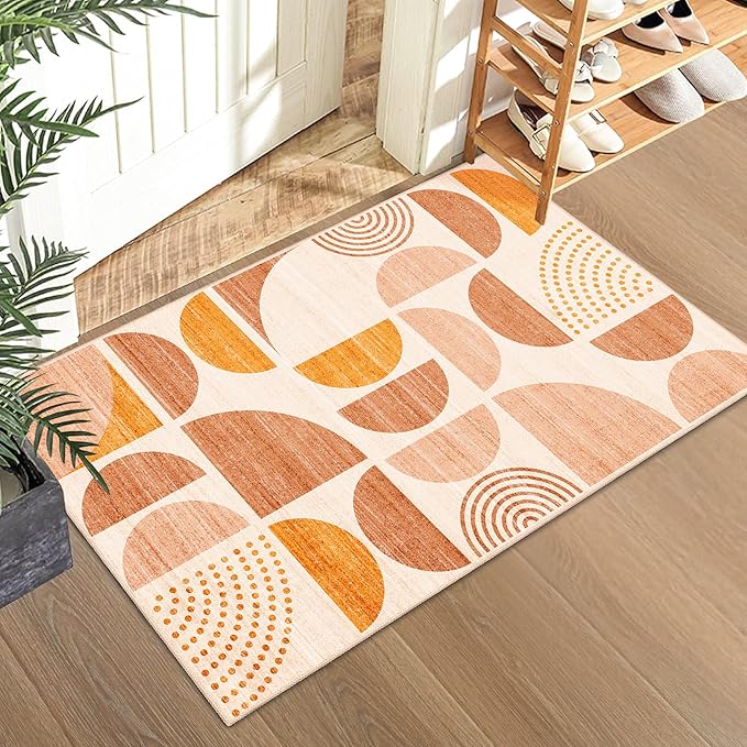 MUJOO Boho Small Rug Washable,2x3 Area Rugs for Entryway Bathroom Entry Entrance Bedroom Kitchen,Front Door Mat Soft Throw Carpet Non Slip Indoor Modern Abstract Bohemian Orange