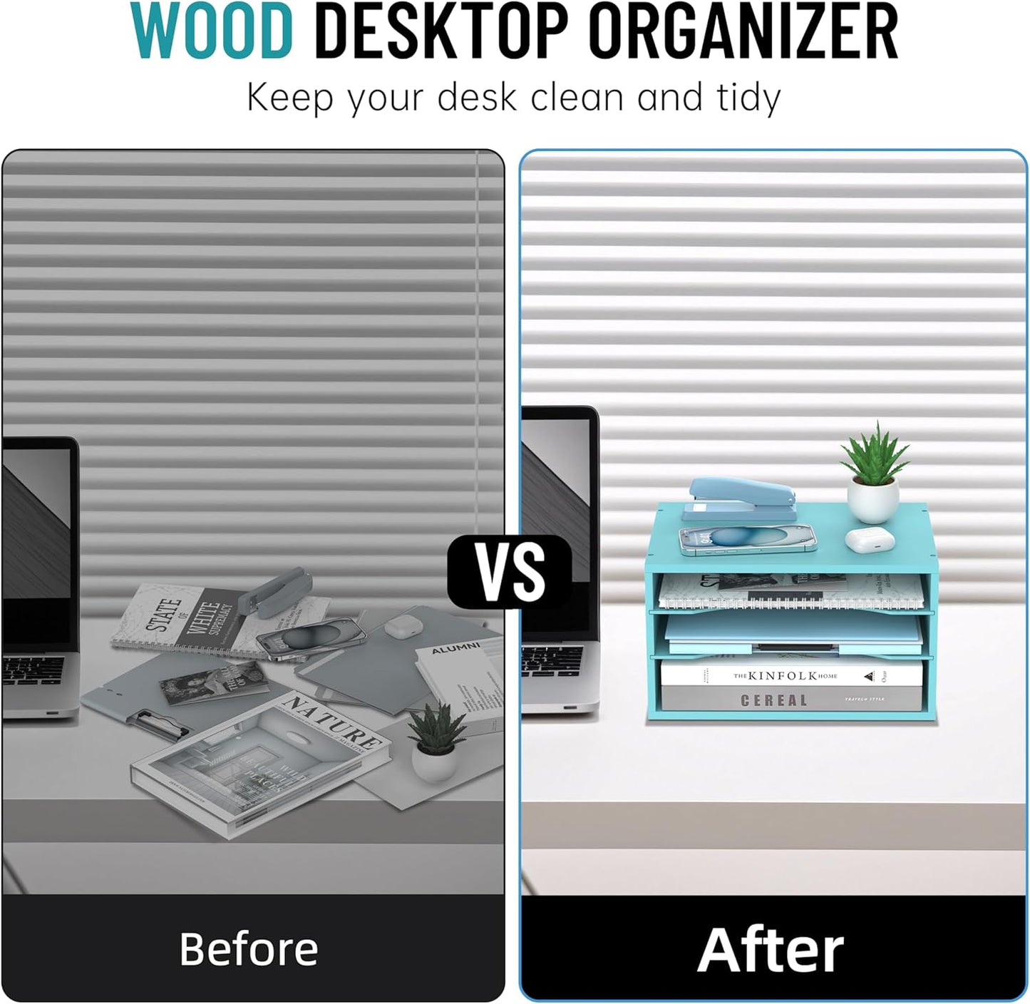 Skiennix Wood Desk Organizer - 3-Tier Adjustable Paper Tray for Office & Home | Blue