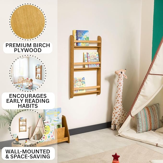 Montessori Wall-Mounted Bookshelf for Toddlers Toy Storage Shelf Organizer for Playroom and Classroom Floor Bookshelves for Kids Room (Oak, L, 3)
