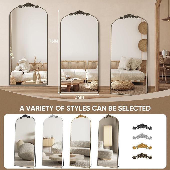 Antok Arched Full Length Mirror, 76"x34" Floor Mirror with Carved, Full Body Mirrors for HomeDecor, Standing/Halling Large Wall Mirror for Bedroom, Living Room, Cloakroom, Bronze, Retro Style