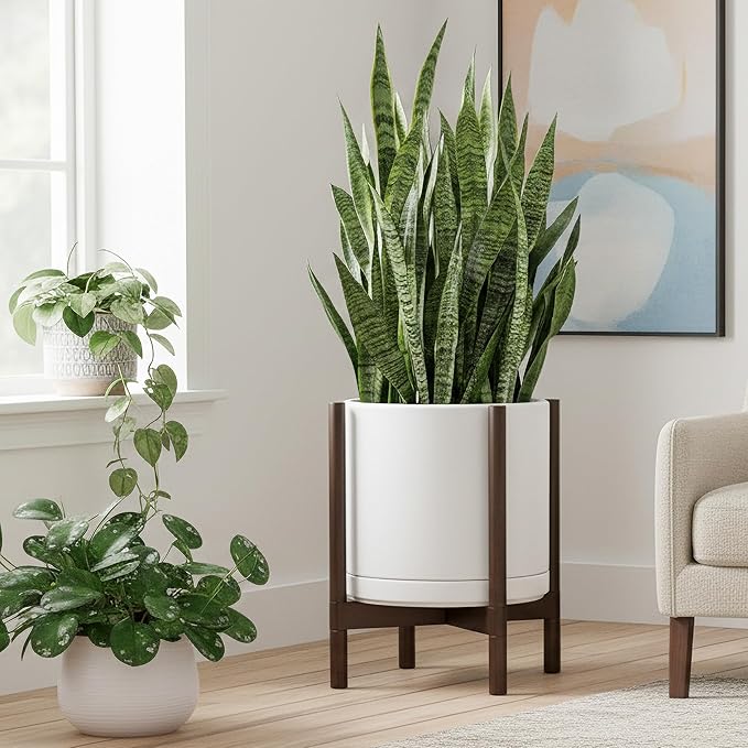 D'vine Dev Ceramic Planter with Walnut Color Stand - 14 Inch Modern Round Flower Pot with Wood Planter Holder, White, 55-B-T-1