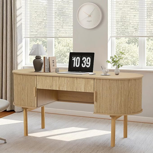 Executive Office Desk with Storage, 63 Inch Large Computer Workstation Desk with Drawer and File Cabinets, Mid Century Modern Fluted Wood Writing Desk for Home Office, Study Room, Living Room, Natural
