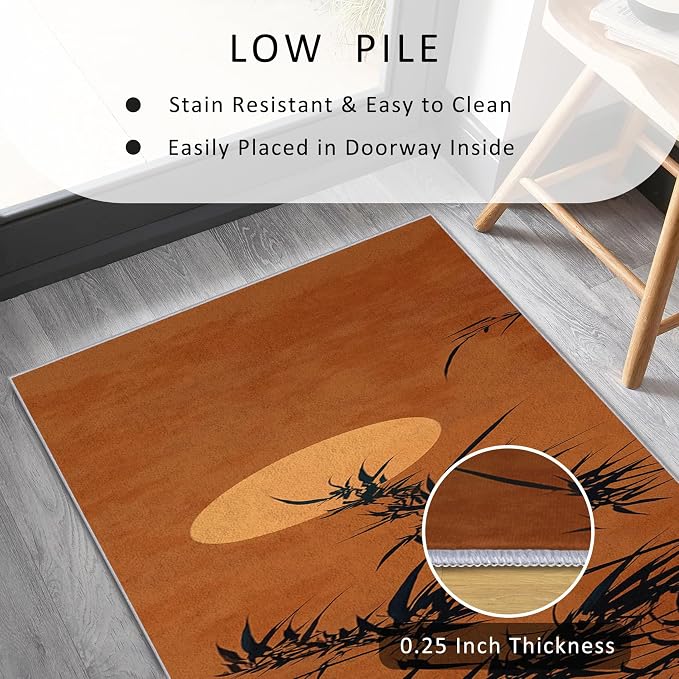 Oriental Bamboo Runner Rug 4x12, Full Moon Sunset Design, Asian Zen Nature Area Rug, Washable Non-Slip Floor Carpet Runner for Bedroom, Dining Room, Living Room Aisle