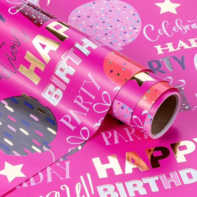 WRAPAHOLIC Birthday Wrapping Paper - Mini Roll - 17 Inch x 16.5 Feet - Gold Foil Hot Pink Happy Birthday Wrapping Paper for Kids, Girls, Women, Baby Shower