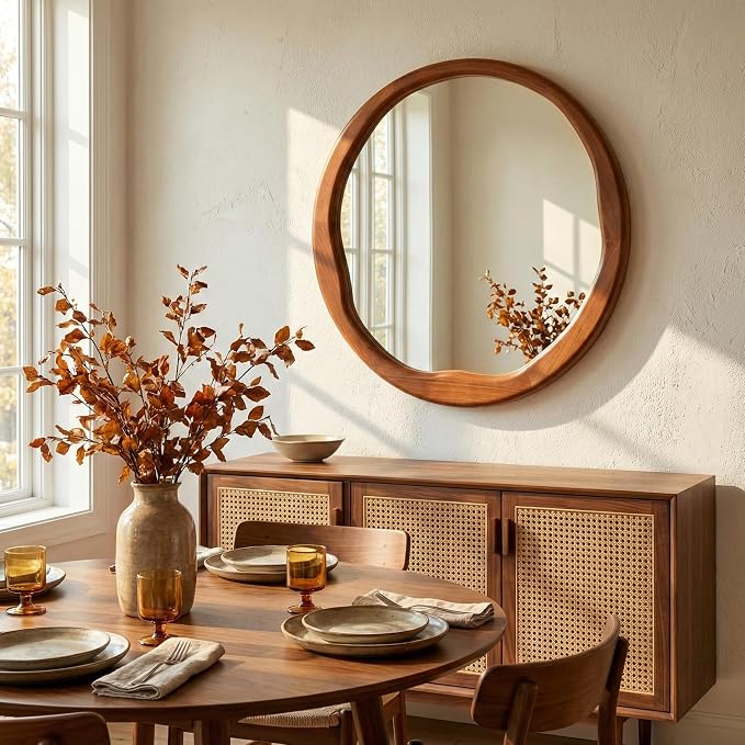 Walnut Round Wall Mirror 30 Inch, Large Solid Wood Framed Mirror with Wavy Inner Edge, Mid-Century Decor for Living Room, Dining Room & Entryway
