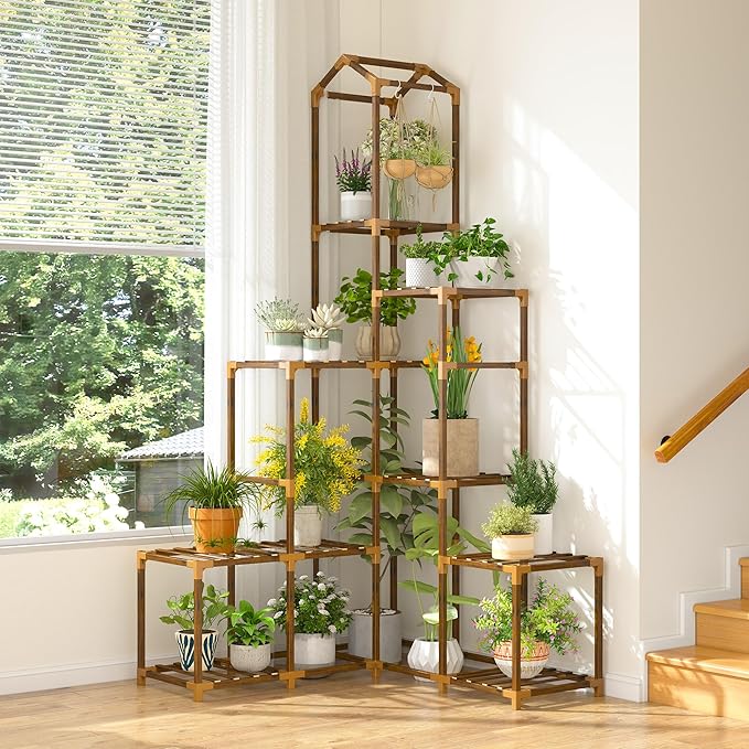 EnHomee 64.2" Corner Plant Stand Indoor Tall Plant Shelf for 13-19 Pots Tiered Plant Stands for Outdoor, Multiple Plants Tiered Wood Shelf for Living Room, Balcony, Patio