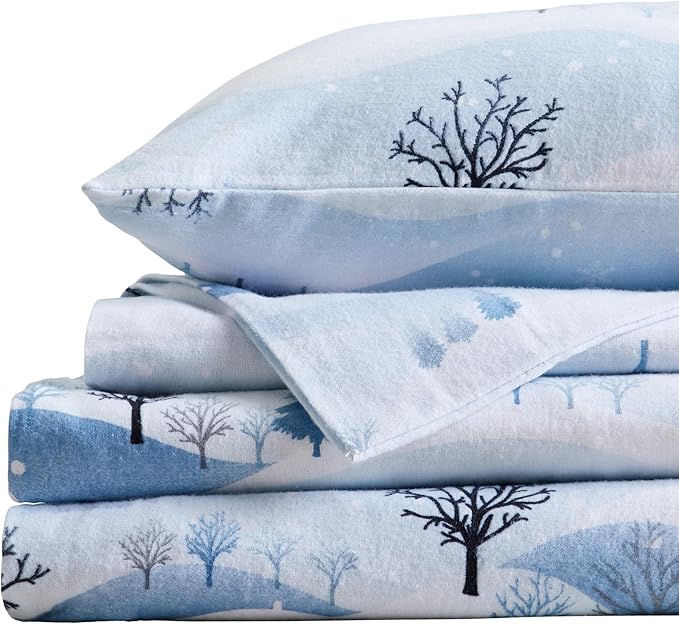 Market & Place 100% Cotton Twin Flannel Sheet Set | 3 Piece Deep Pocket Novelty Cozy Winter Bed Sheets | Double Brushed for Extra Softness & Comfort | Alpine Collection (Twin, Winter Landscape)
