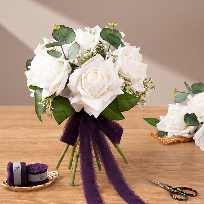 DORIS HOME Plum Chiffon Ribbon for Flower Bouquet, 1" x21Yd Fabric Ribbon for Gift Wrapping, Handmade Frayed Ribbon for Wedding Invitations/Christmas Decorations