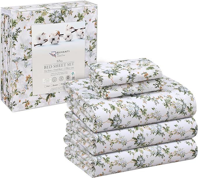 RUVANTI 100% Cotton Split King Sheets Sets for Adjustable Bed, 5 PCs, Soft & Breathable Percale Weave Bedding, Deep Pocket 16", Hotel Standard, Crisp Cool Feel & Durable, Floral Sheet, Heritage