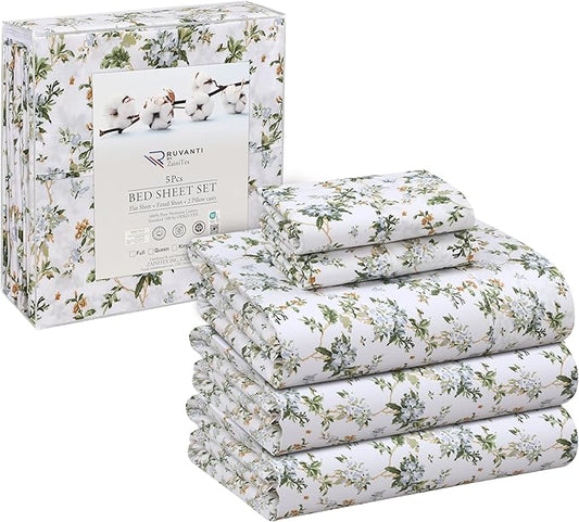 RUVANTI 100% Cotton Split King Sheets Sets for Adjustable Bed, 5 PCs, Soft & Breathable Percale Weave Bedding, Deep Pocket 16", Hotel Standard, Crisp Cool Feel & Durable, Floral Sheet, Heritage