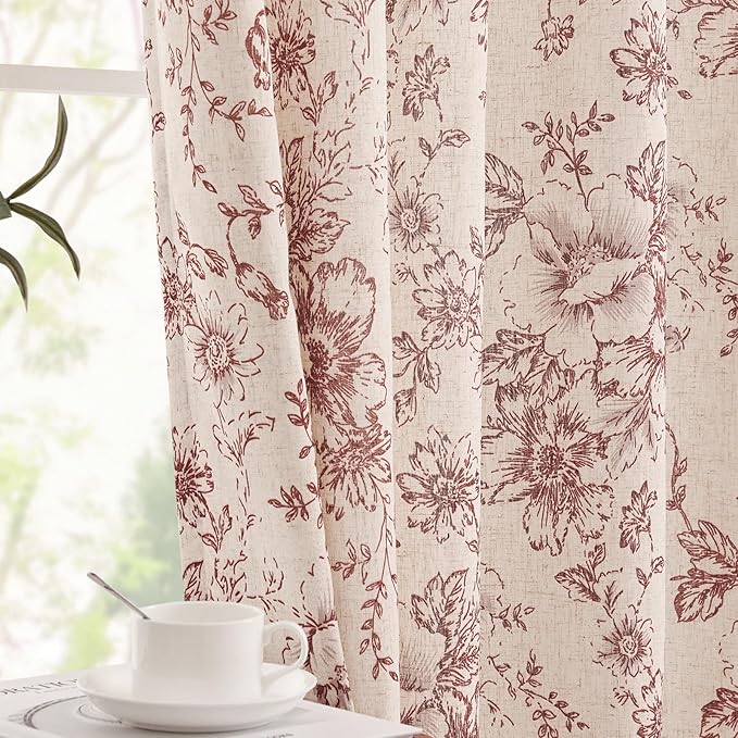 jinchan Lined Linen Blend Curtain Floral Curtains for Living Room 90 Inches Long Christmas Red Peony Flower Printed Curtain Rod Pocket Back Tab Farmhouse Patterned DrapesCurtains Set 2 Panels