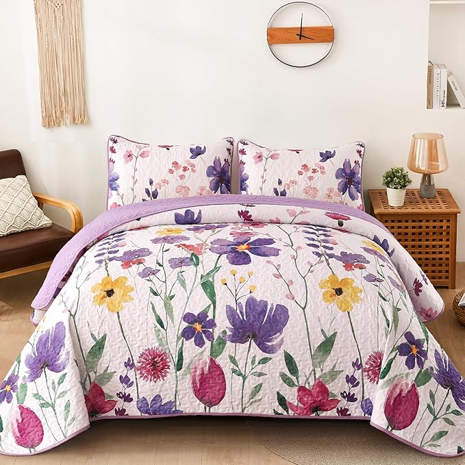 Anibedding Purple Quilt Set Full, Floral Pattern Microfiber Bedspreads Full Size 3 Pieces Lightweight Reversible Bedding Set with 2 Pillowcases(78"x90")