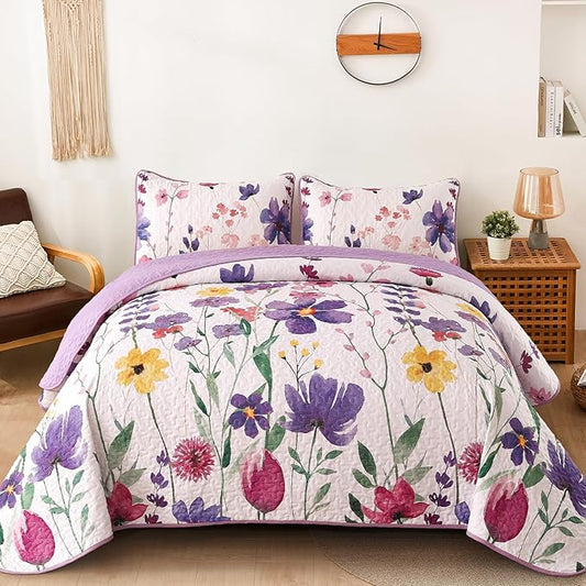 Anibedding Purple Quilt Set Full, Floral Pattern Microfiber Bedspreads Full Size 3 Pieces Lightweight Reversible Bedding Set with 2 Pillowcases(78"x90")