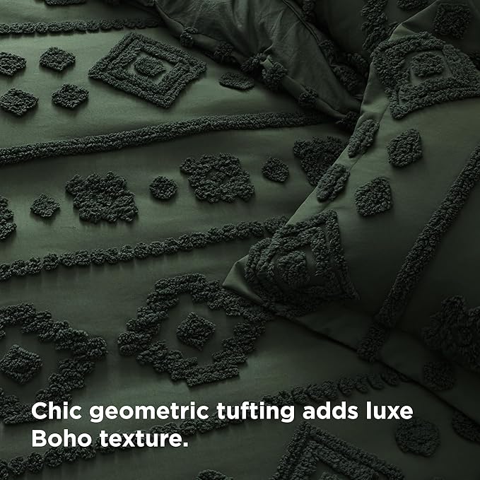 Bedsure Boho Duvet Cover King - Dark Green Tufted Boho Bedding, Farmhouse Shabby Chic Embroidery Bedding for All Seasons, 3 Pieces, 1 Soft Jacquard King Comforter Cover and 2 Pillow Shams