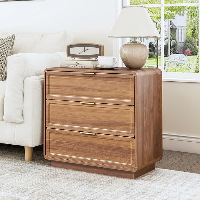 Turtle&Myrtle Modern 3 Drawer Dressers for Bedroom, 26'' Wide Wood Nightstand w/3 Storage Drawers, End Table, Dresser & Chest of Drawers with Curved Profile for Living Room Entryway, Brown