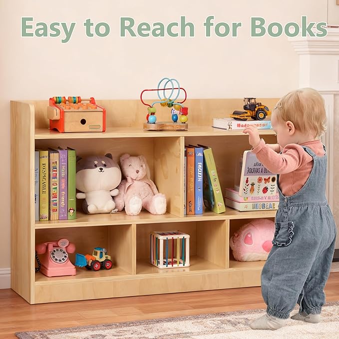 Wooden Storage Cabinet, 2-Tier Montessori Bookshelf, 5-Section Kids Toy Storage Organizer Toddler Book Shelf, Book Shelf for Kids Rooms, Playroom and Preschool