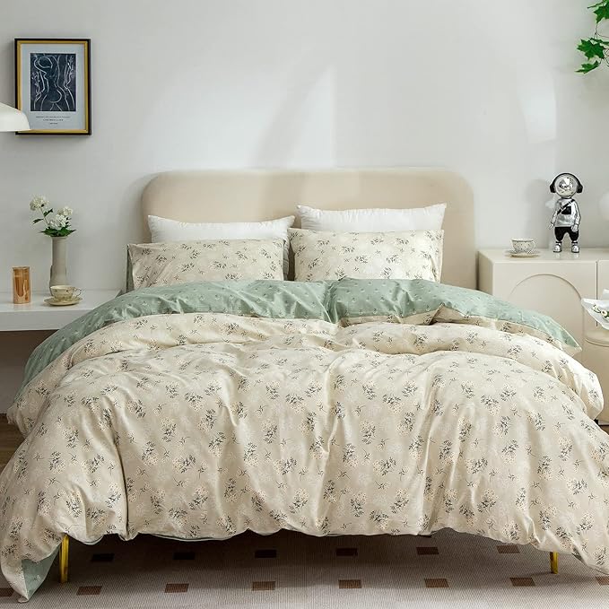 Floral Comforter Set King 3 Pieces Soft Chic Garden Style Green Floral Print Lightweight Botanical Flower Comforter Set for All Seasons 1 Comforter and 2 Pillowcases