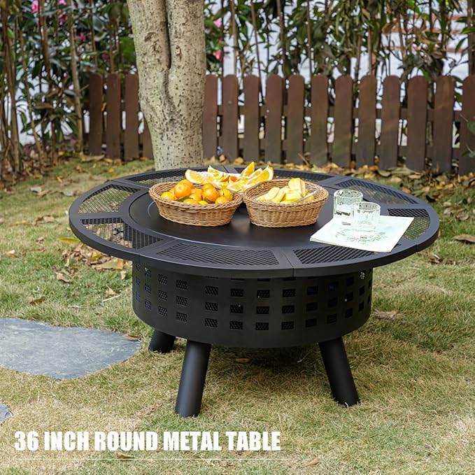 Verdeluxe 36 inch Outdoor Fire Pit with Grill,Wood Burning Fire Pits for Outside with Lid & Fire Poker,Metal 3-in-1 Firepit Table with Cooking Grate,Outdoor Firepit for Yard,Bonfire,Patio(Charcoal)