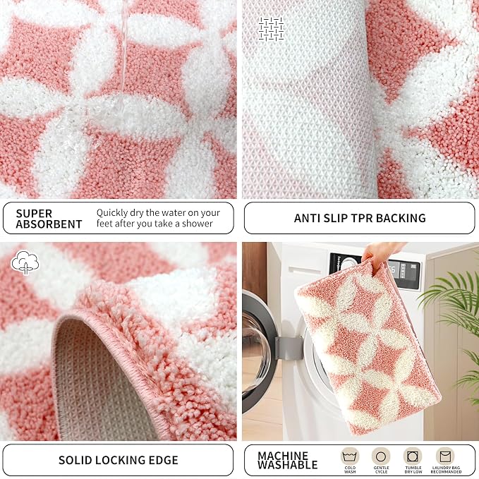 Civkor Pink and White Bathroom Rug Non Slip Washable, Cute Bath Mat for Bathroom with TPR Backing, Quick Dry Fluffy Microfiber Piles, Super Water Absorbent Thin Bath Rug Fit Under Door, 24x16Inch