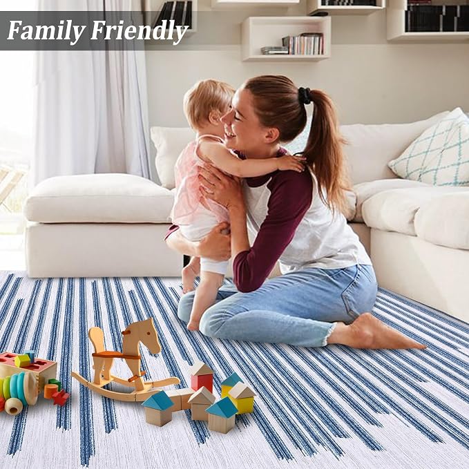 9x12 Area Rug Washable Modern Lines Rug for Living Room Low Pile Soft Bedroom Rugs Non Slip Modern Indoor Large Carpet Thin Foldable Abstract Lines Carpet for Nursery Dining Playroom, Blue