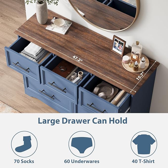 Blue Dresser for Bedroom, Modern 7 Chest of Drawers, 47" Wide Chest of Drawers w/Brushed Metal Handle, Wood Closet Organizers and Storage Cabinet for Bedroom, Living Room, Hallway